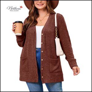 Plus Size Open Front Cardigan Sweater Lightweight Long Sleeve with Pockets